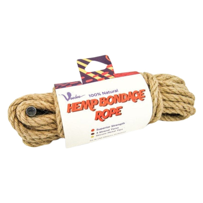 Voodoo Hemp Bondage Rope 10m spool with twisted texture and metal tips