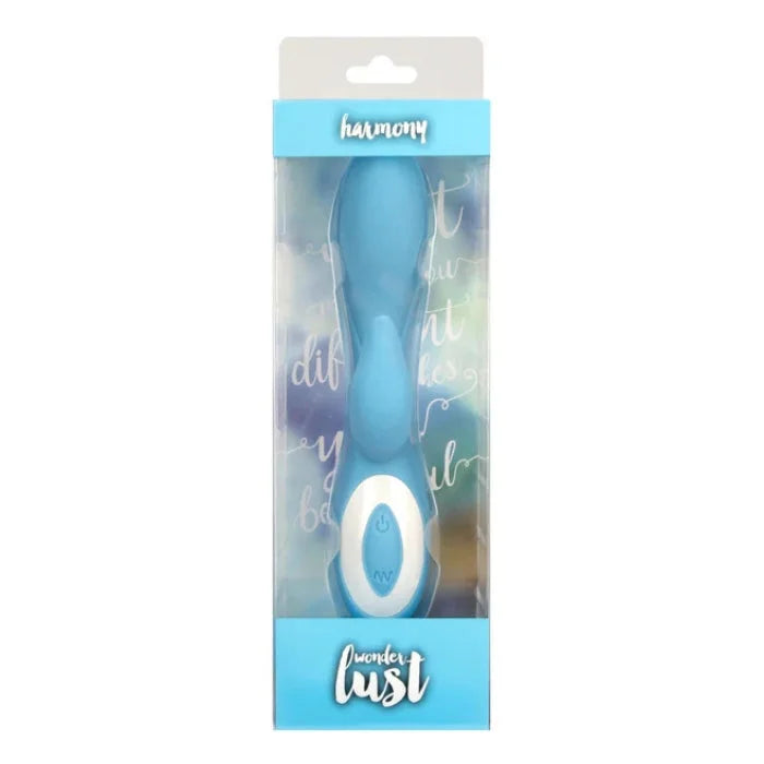 Sleek blue Wonderlust Harmony Rabbit Vibrator with hooded stimulator