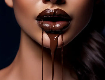 Rich, glossy dark chocolate drips enticingly from full lips.