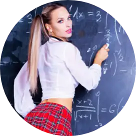 A woman in a white blouse and red plaid skirt stands before a chalkboard filled with mathematical equations.