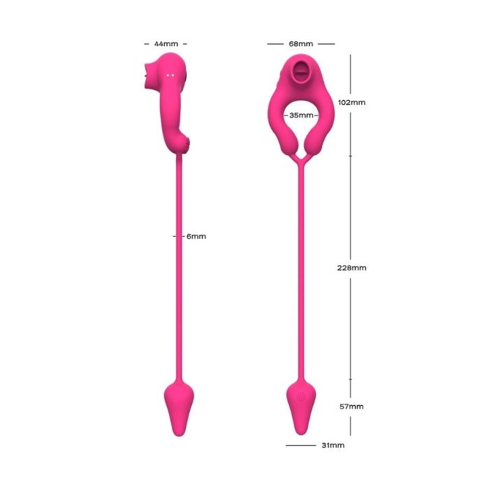 This toy is an amazing all in one toy perfect for solo play or for couples. It is a vibrating Cock ring, anal egg and clit licker all in one. Each section has it's own switch so you can change the tempo of each one individually and it comes with a remote. No need for batteries as it is USB rechargeable.