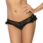 Sexy Imported Lingerie. Beautifully soft lacy pieces. Feel sensual and comfortable wearing this gorgeous black G string. Fashioned with frilly sides and crotchless front to bring out the flirtatious side in you.