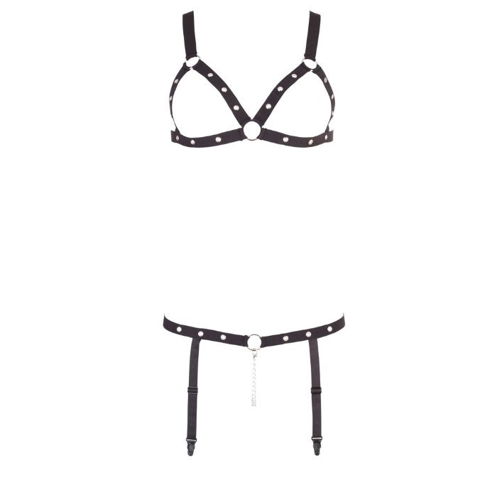 Front View - Bad Kitty open bust bikini. The triangle top is daringly open-bust, featuring studs detailing around the edges and an alluring o-ring in the center. The bottom is a seductive hip band with suspender straps and a g-string chain that runs from the front to the back, highlighting your curves and leaving little to the imagination. Perfect for any lover of BDSM and fetishwear, this open bust bikini strap is sure to leave a lasting impression.