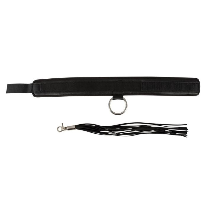 For the beginner Dom or sub looking for a light yet effective collar with detachable leash/whip. This petite black whip's handle is wrapped for comfort, with soft suede threads this item gives enough pain as it gives pleasure. Made from leather and suede.