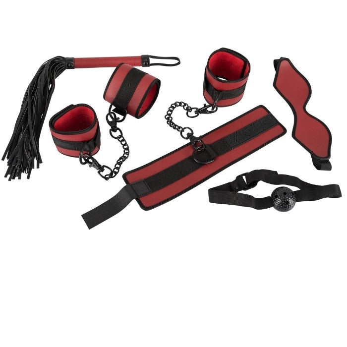 Ultimate domination cuff set includes 2 hand and 2 ankle cuffs, all joined together with chains and interchangeable. A gag, a whip and blindfold for complete trust. Complete restraint is yours in an instant whether you prefer to sit in front or kneel behind for your intimate pleasures.