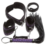 A stunning dark purple and black beginners 3 piece set. This stylish set includes a collar, handcuffs and flogger for sensual & erotic play. A stunning dark purple and black beginners 3 piece set. This stylish set includes a collar, handcuffs and flogger for sensual & erotic play. It also includes a leash that can be attached to the collar, as well as a detachable connector for the handcuffs.