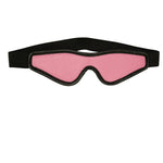 Pink leather-like eye mask with black trim and black elasticated head band.