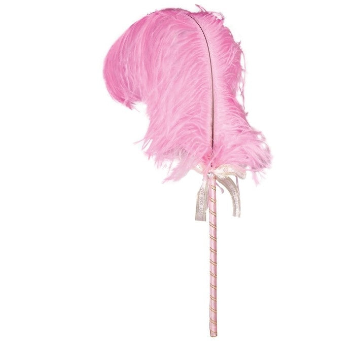 Large pink feather with pink and gold ribbon handle.