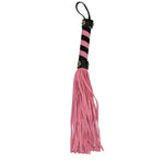 Large pink feather with pink and gold ribbon handle.