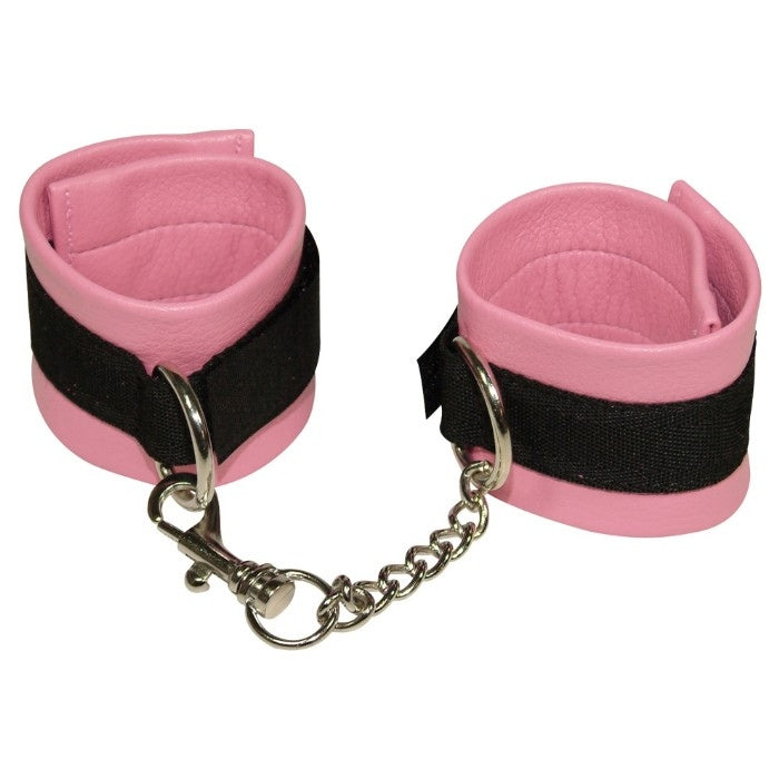 Pink leather-like handcuffs with black velcro strip in the middle and silver detachable chain.