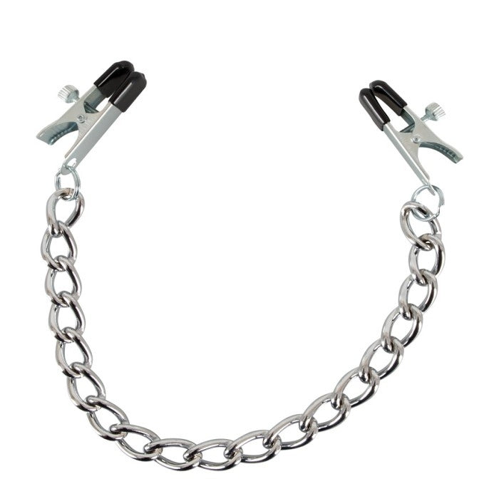 An arousing sight or a teasing feeling... A sultry feather light chain with two nipple clamps. The pressure level of the clamps can be individually set with adjustable screws to fulfil your desired pleasure or pain. Pretty and playful yet exotic and naughty, pinches in your most intimate area.