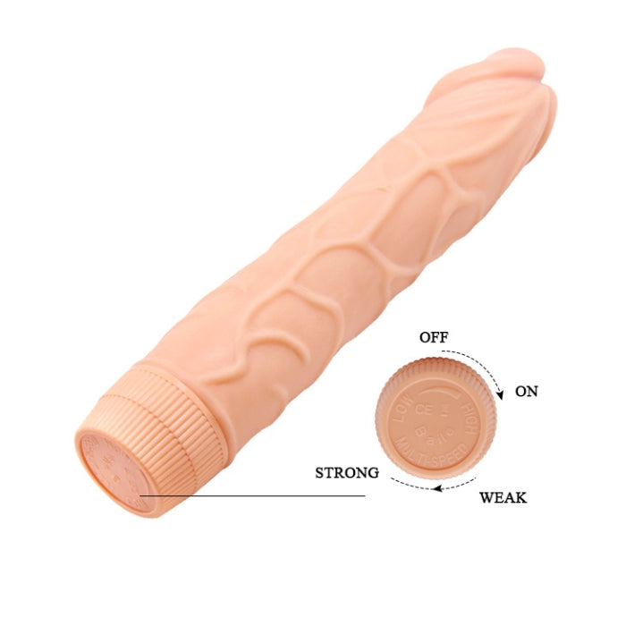 This dildo has a realistic 8.8 inch vibrator with a prominent head and a veined shaft that produces extra stimulation. The easy-twist dial base makes it easy and convenient to use. This beautiful veined cock is made of TPR material. Takes 2x AA batteries.