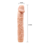 225mm long and 45mm wide at the tip. This dildo has a realistic 8.8 inch vibrator with a prominent head and a veined shaft that produces extra stimulation. The easy-twist dial base makes it easy and convenient to use. This beautiful veined cock is made of TPR material. Takes 2x AA batteries.