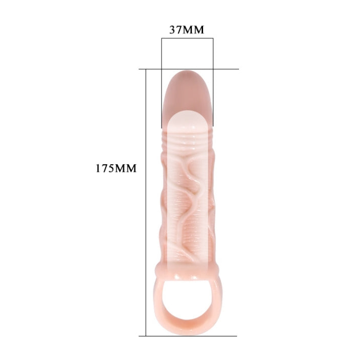 This TPR material penis sheath features a stretchy shaft for enhanced internal stimulation. A highly recommended penis sleeve that gives your penis extra texture. For a natural look and the base features a ball ring that hugs the base of your scrotum and will keep the extender in place and provide some erection prolonging effects.