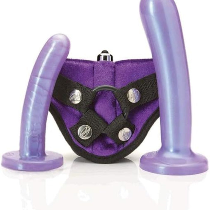 This kit has two smooth 100% Ultra-Premium Silicone dildos, Medium and Large, a 1.45" O-ring, and comes with a vibrating velvet harness that is comfortable, adjustable (fits up to 60” hips), and machine washable. It also comes with a One Touch Vibe (bullet) that fits snugly into a pocket on the front of the harness for stimulation to both the strap-on wearer and their partner.