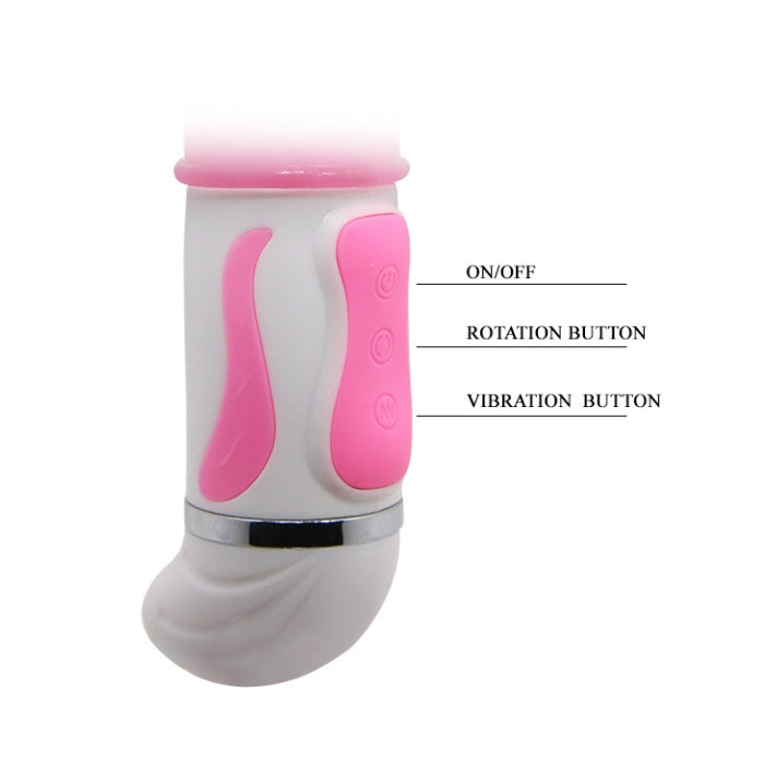 This dual-action rotating vibrator features 4 rows of spinning metallic pleasure beads and a 12 powerful vibrating butterfly clitoral stimulator. The soft, phthalate-free shaft is smooth and sleek, while beautiful diamond crystals playfully adorn the base of the shaft.