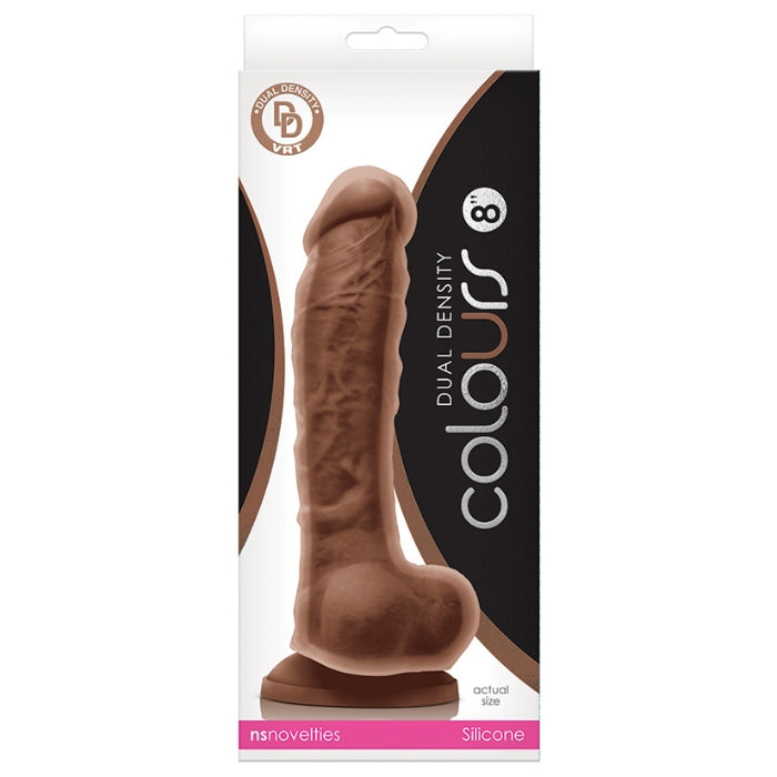 Colours Dual Density 8 inch Dildo - Brown. Colours Dual Density is two layers of dreamy pleasures. Firm on the inside, soft on the outside. Strong suction cup, platinum grade silicone and suitable for all lubricants. just like real, but better.