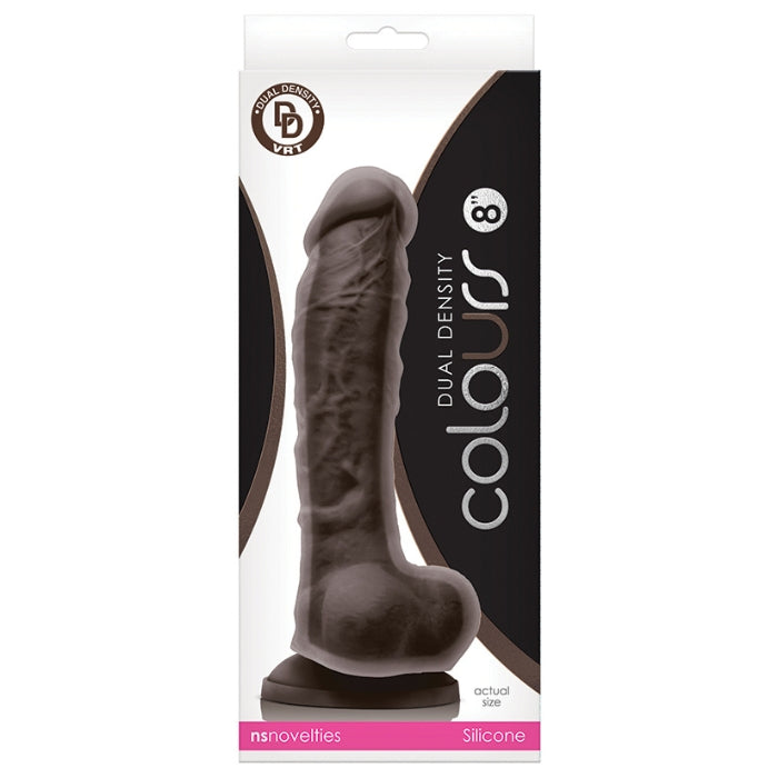 Colours Dual Density 8 inch Dildo - Dark Brown. Colours Dual Density is two layers of dreamy pleasures. Firm on the inside, soft on the outside. Strong suction cup, platinum grade silicone and suitable for all lubricants. just like real, but better.