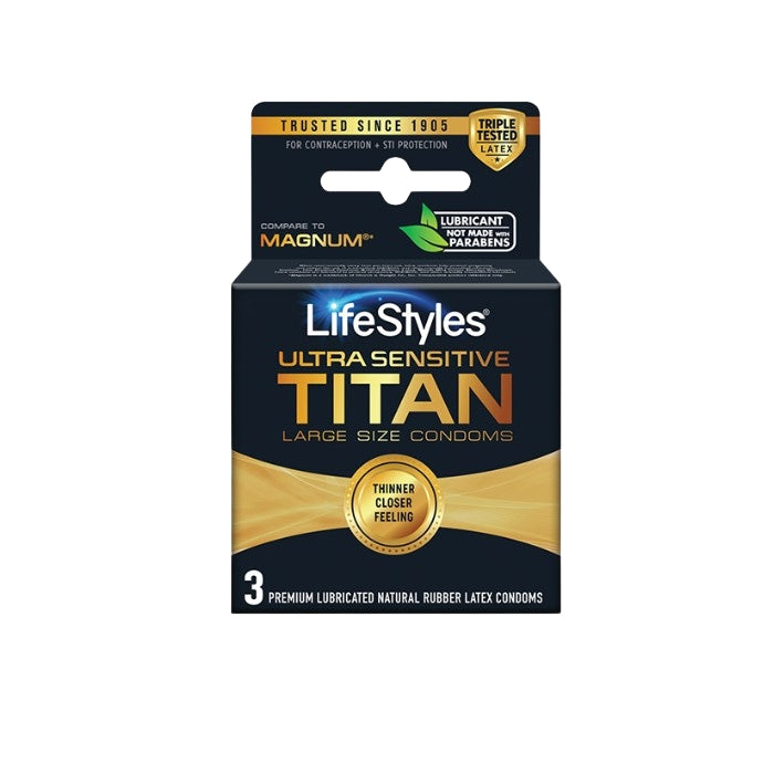 Lifestyles Ultra Sensitive Titan Condoms pack of 3. Premium lubricated natural rubber latex condoms.