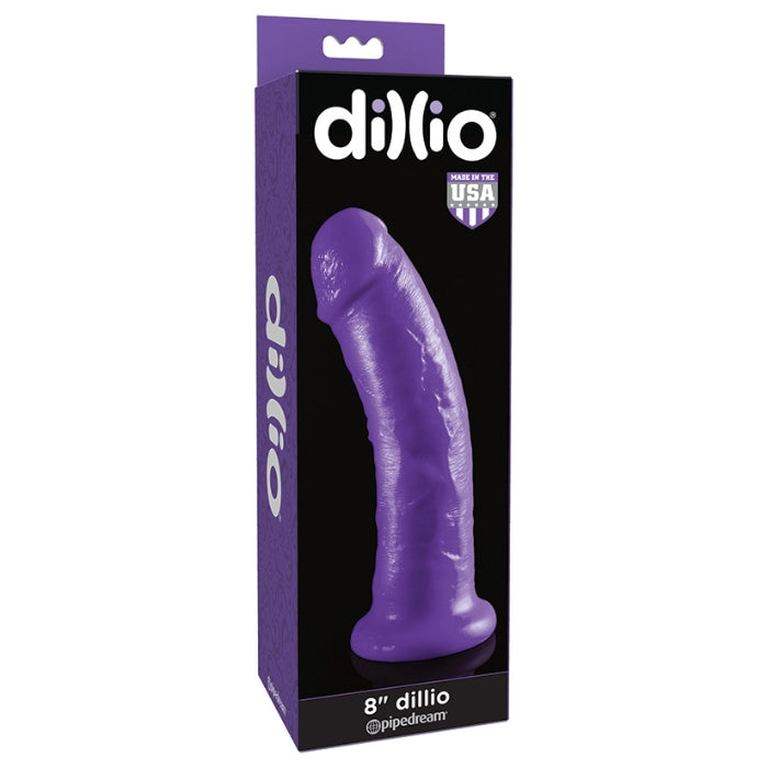 Dillio 8 inch Dildo - Purple. With a wide variety of lengths, girths, and shapes, the possibilities are endless! Each Dillio features a super-strong suction-cup base that sticks to nearly any flat surface for solo fun, and also offers strap-on harness compatibility. Feeling adventurous? Try our Double Dillios or specially designed Dillio harnesses with your favorite partner! Crafted from the highest quality, American-made rubber, each Dillio is 100% phthalate and latex-free and hypoallergenic.