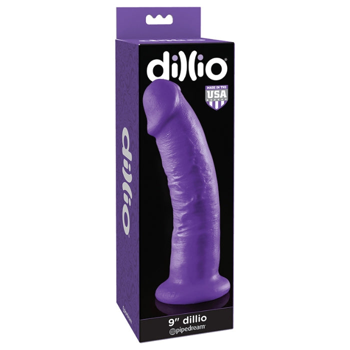 Dillio 9 inch Dildo - Purple. With a wide variety of lengths, girths, and shapes, the possibilities are endless! Each Dillio features a super-strong suction-cup base that sticks to nearly any flat surface for solo fun, and also offers strap-on harness compatibility. Feeling adventurous? Try our Double Dillios or specially designed Dillio harnesses with your favorite partner! Crafted from the highest quality, American-made rubber, each Dillio is 100% phthalate and latex-free and hypoallergenic.