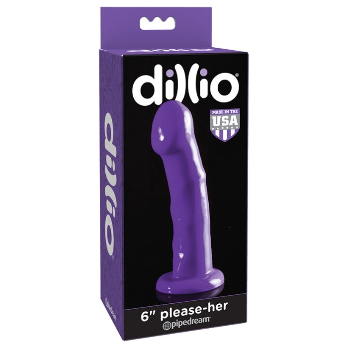 Purple 6 inch "please Her Dillio. With a wide variety of lengths, girths, and shapes, the possibilities are endless! Each Dillio features a super-strong suction-cup base that sticks to nearly any flat surface for solo fun, and also offers strap-on harness compatibility. Feeling adventurous? Try our Double Dillios or specially designed Dillio harnesses with your favorite partner! Crafted from the highest quality, American-made rubber, each Dillio is 100% phthalate and latex-free and hypoallergenic.