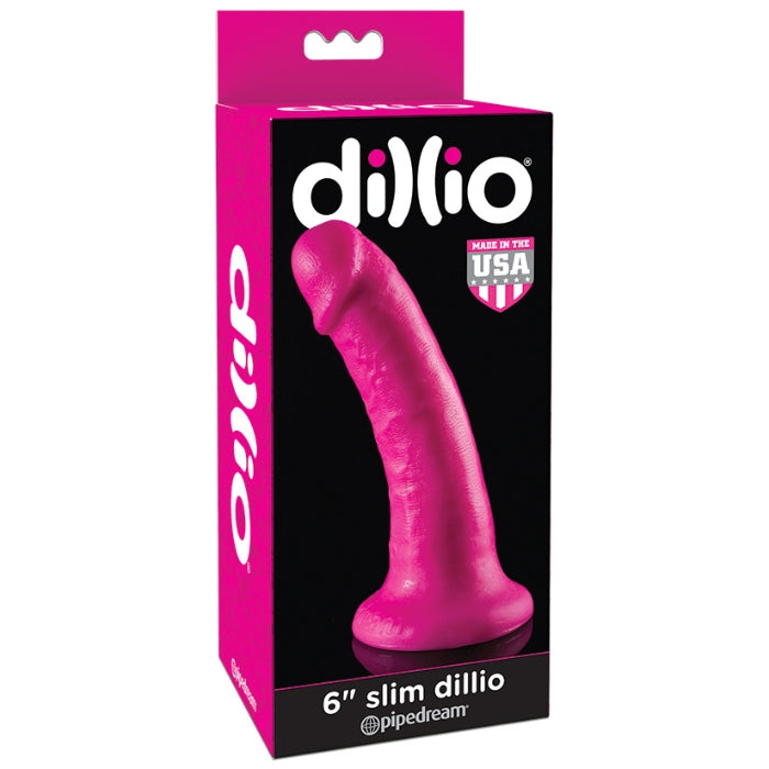 Pink 6 in Slim Dillio. Each Dillio features a super-strong suction-cup base that sticks to nearly any flat surface and also offers strap-on harness compatability. each Dillio is 100% phthalate and latex-free and hypoallergenic.