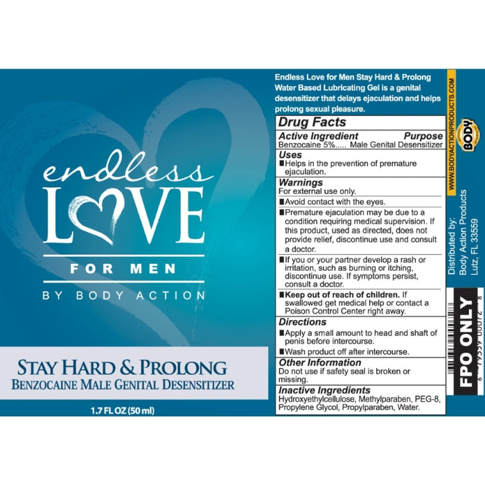 Instantly achieve better stamina and stronger, harder erections with Body Action's Endless Love for Men Stay Hard and Prolong. This water-based lubricant features a 3% infusion of benzocaine, a mild agent that limits sensation without leaving you feeling completely numb. The formula is compatible with all toys and condoms.