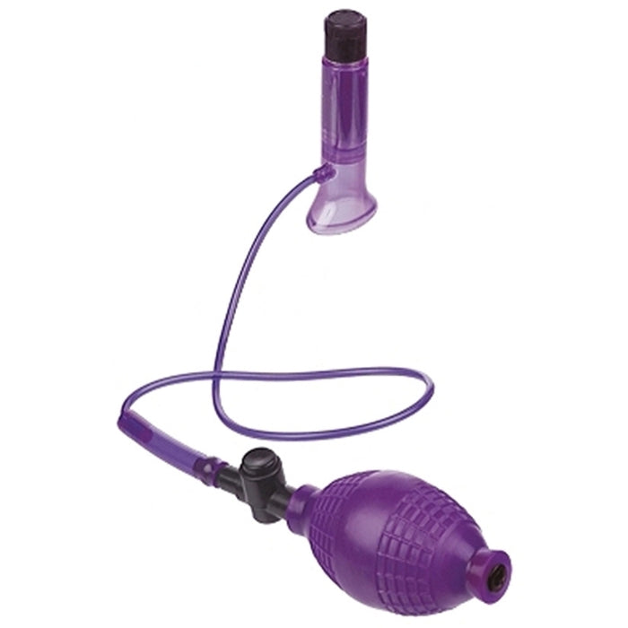 Turn on the mini vibrator, place the cupped Clit Suck-Her over the clitoral area and pump the ball until the sucker stays in place. The stimulating suction and titillating vibration brings on a sensational climax. Just press the quick release button when finished or to create a throbbing action of suction and release. Try it in the bath for a new and exciting thrill. Colour purple.