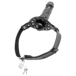 Ball Gag with Dildo. This 2-in-1 gag has something for both of you: a smooth, round rubber gag for your subject, and a firm rubber dildo for some up-close and personal pleasure. The leather straps and buckle easily adjust to fit most sizes.