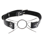 This extreme gag consists of a steel ring with four curved metal "legs" attached to the ring. The gag and legs prevent the mouth from closing. The diameter of the ring measures 1.5", and the gag connects to a leather strap that buckles in the back and keeps the gag firmly in place. One size fits most.