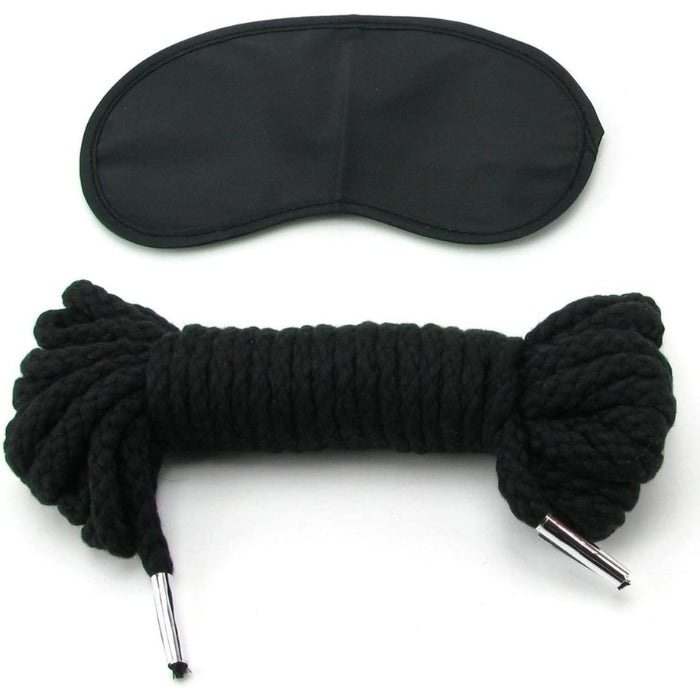 Black Japanese Silk Rope and black blindfold.The rope is 1/4" thick and 10.5m long, perfect for creating elaborate body harnesses and rope restraints.