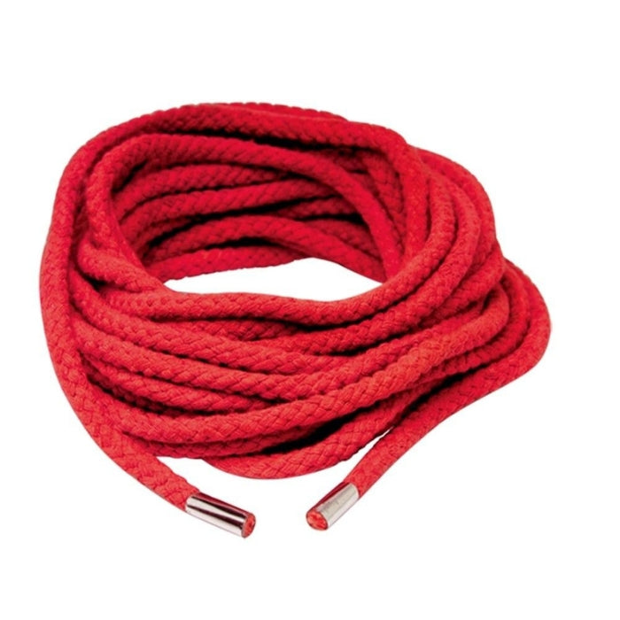 Red Japanese Silk Rope and black blindfold.The rope is 1/4" thick and 10.5m long, perfect for creating elaborate body harnesses and rope restraints.