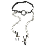 The gag consists of a small metal O-ring wrapped in leather, connected to two sturdy leather straps. Two chained coated clamps easily adjust to fit your desired tension. The leather straps adjust to fit most sizes, pulling the ring tight and keeping the mouth open wide.