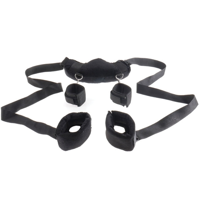 Position Master and Cuffs. The sturdy straps hold your legs firmly in place so they don’t tire, while the wrists cuffs ensure your subject won't escape anytime soon. The neck harness is soft and cushioned allowing for maximum comfort. The straps adjust quickly and easily with a simple tug. Includes: Plush Neck Harness 2 Legcuffs 2 Handcuffs.