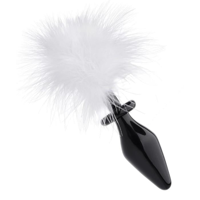 This smooth, slick glass plug is topped by a fluffy cap of feathers, designed to look like a bunny tail. Glass is hypoallergenic and safe with all lubes, and cleans easily .