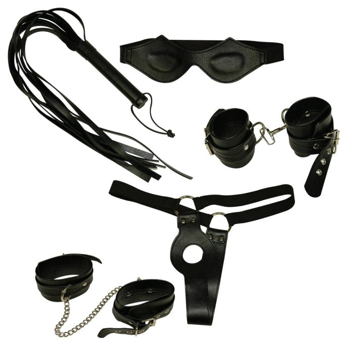 This 5 piece black leather-like set includes eye mask, hand cuffs with carabiner links, g-string with front opening and optional dildo attachment, flogger and ankle cuffs with link chains.