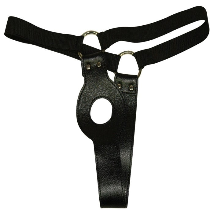 Black leather-like G-string with elasticated waitband and open O in the front which can be used for a dildo to turn the G-string into a strap on.