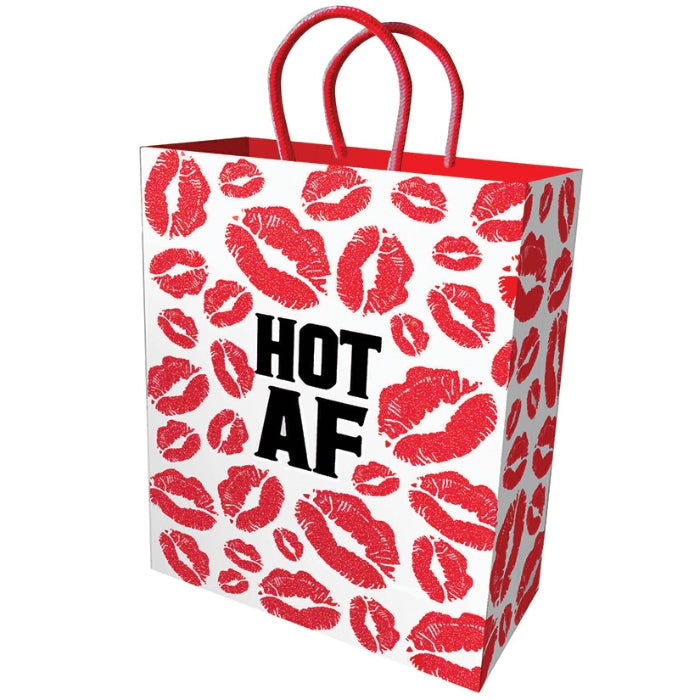 10-inch gift bag with red glitter lips pattern all-over and a black stamp phrase "Hot AF!" imprinted on both front and back.
