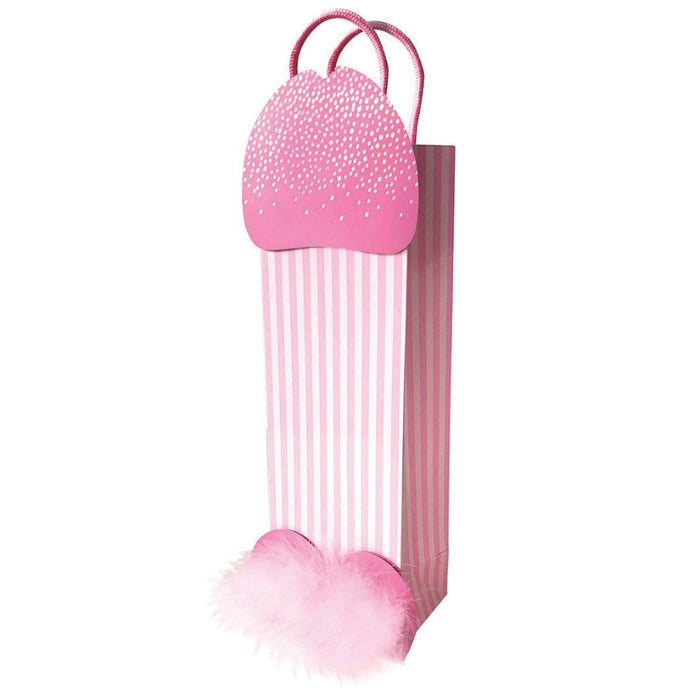 This pink 0.2 by 15.5 by 4.5 inch gift bag is penis shaped with sparkle details at the 'head' and fake pink feathers on the balls. A fun and funny gift bag that fits wine, adult toys or any sexy gift you wish to give!
