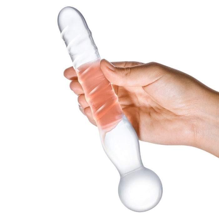 Glas 8 inch Joystick - Glass Dildo. In hand to show transparency and size.