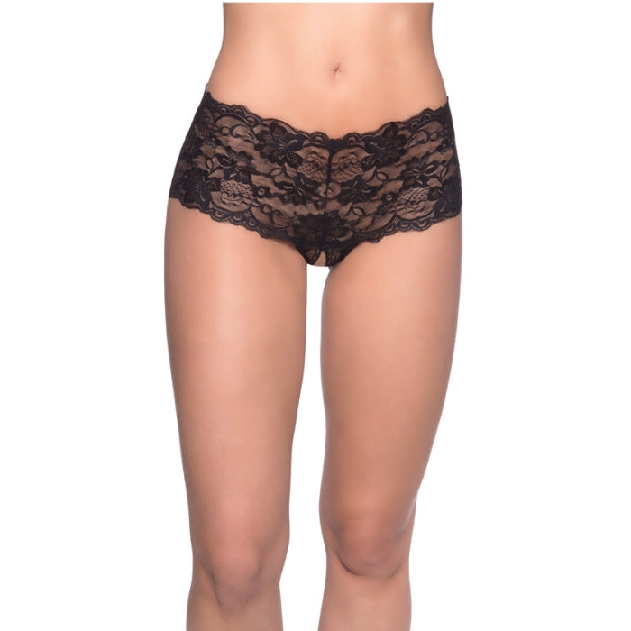 Black lace crotchless boyshorts with a feminine and delicate floral lace design. The crotchless design adds a touch of daring and seductive style, with a form-fitting silhouette that hugs curves and accentuates the figure. Perfect for adding a touch of provocative style to your lingerie collection, with a unique and alluring design that is sure to make you feel confident and sexy.