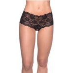 Black lace crotchless boyshorts with a feminine and delicate floral lace design. The crotchless design adds a touch of daring and seductive style, with a form-fitting silhouette that hugs curves and accentuates the figure. Perfect for adding a touch of provocative style to your lingerie collection, with a unique and alluring design that is sure to make you feel confident and sexy.