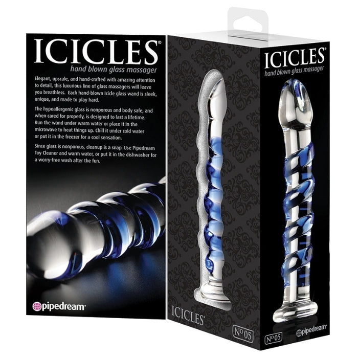 Icicles No.5  7" Glass Dildo - Blue Swirl. Elegant, upscale, and hand-crafted with amazing attention to detail, this luxurious line of glass massagers will leave you breathless. Each hand-blown Icicle glass wand is sleek and unique. The hypoallergenic glass is nonporous and body safe, and when cared for properly, is designed to last a lifetime. Run the wand under warm water to heat things up, or chill it under cold water for a cool sensation. 