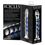 Icicles No.5  7" Glass Dildo - Blue Swirl. Elegant, upscale, and hand-crafted with amazing attention to detail, this luxurious line of glass massagers will leave you breathless. Each hand-blown Icicle glass wand is sleek and unique. The hypoallergenic glass is nonporous and body safe, and when cared for properly, is designed to last a lifetime. Run the wand under warm water to heat things up, or chill it under cold water for a cool sensation. 