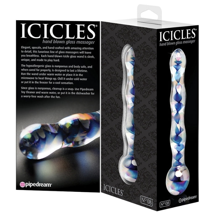Icicles No.8  7" Glass Dildo - Blue Swirl. Elegant, upscale, and hand-crafted with amazing attention to detail, this luxurious line of glass massagers will leave you breathless. Each hand-blown Icicle glass wand is sleek and unique. The hypoallergenic glass is nonporous and body safe, and when cared for properly, is designed to last a lifetime. Run the wand under warm water to heat things up, or chill it under cold water for a cool sensation. 