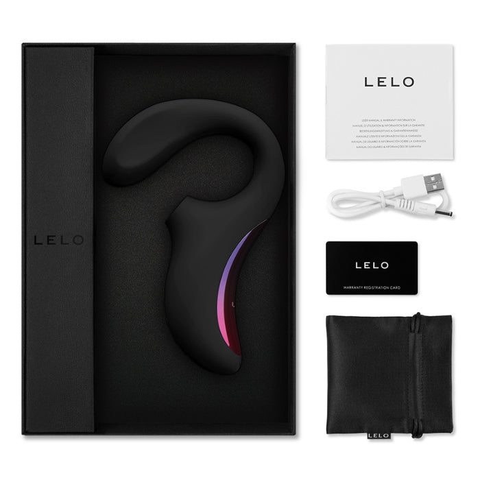 Lelo Enigma comes with a manual, water based lube 5ml sachet, charging cord, satin storage pouch and Lelo warranty card. 