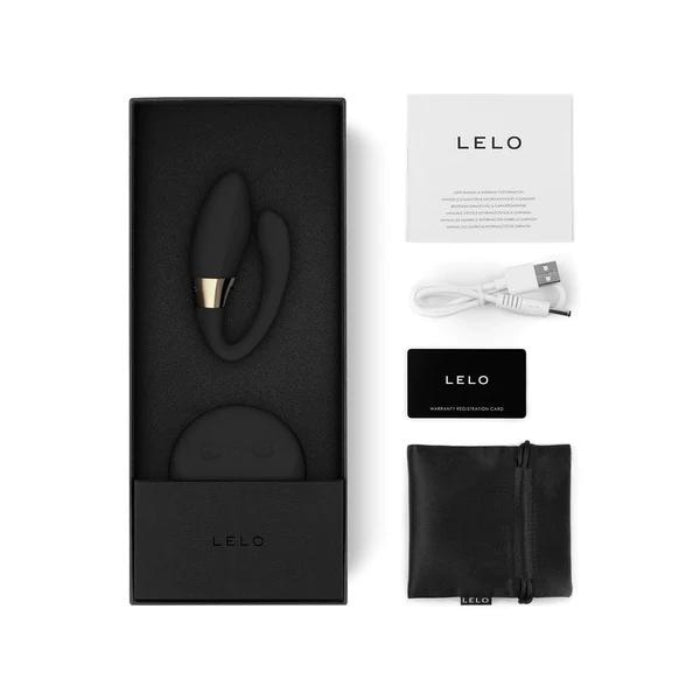TIANI™ DUO comes with a manual, water based lube 5ml sachet, charging cord, satin storage pouch and Lelo warranty card.
