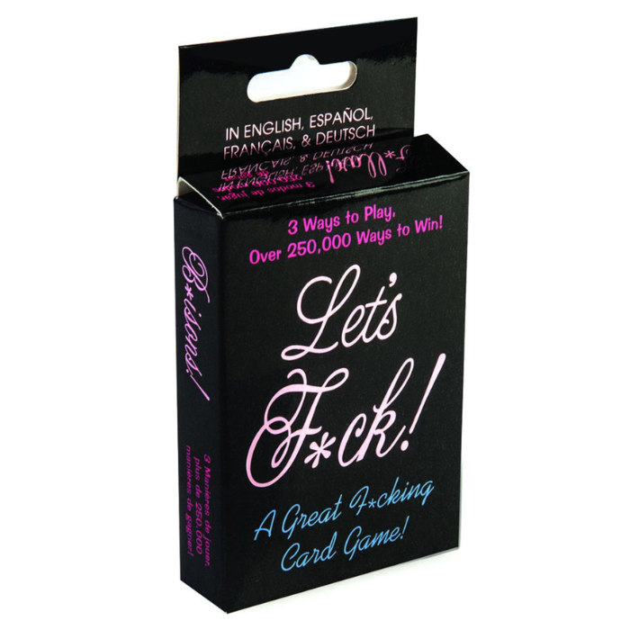 Let`s Fuck Card Game is essentially 3 games in 1 - F*ck Fortunes, Match & F*ck, and Personal F*ck Questions.  The game challenges you to try new sexual forays in foreplay, for 2 or more players, and is fully illustrated to offer lots of laughs and a naughty, good time.  Game Includes: 48 Cards, 4 Wild Cards, and rules for 3 games.