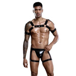 Outfit includes chest harness with star details and wet look underwear with leg garters.